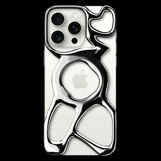 A silver-colored case for an iPhone with a unique ergonomic design, compatible with MagSafe technology.